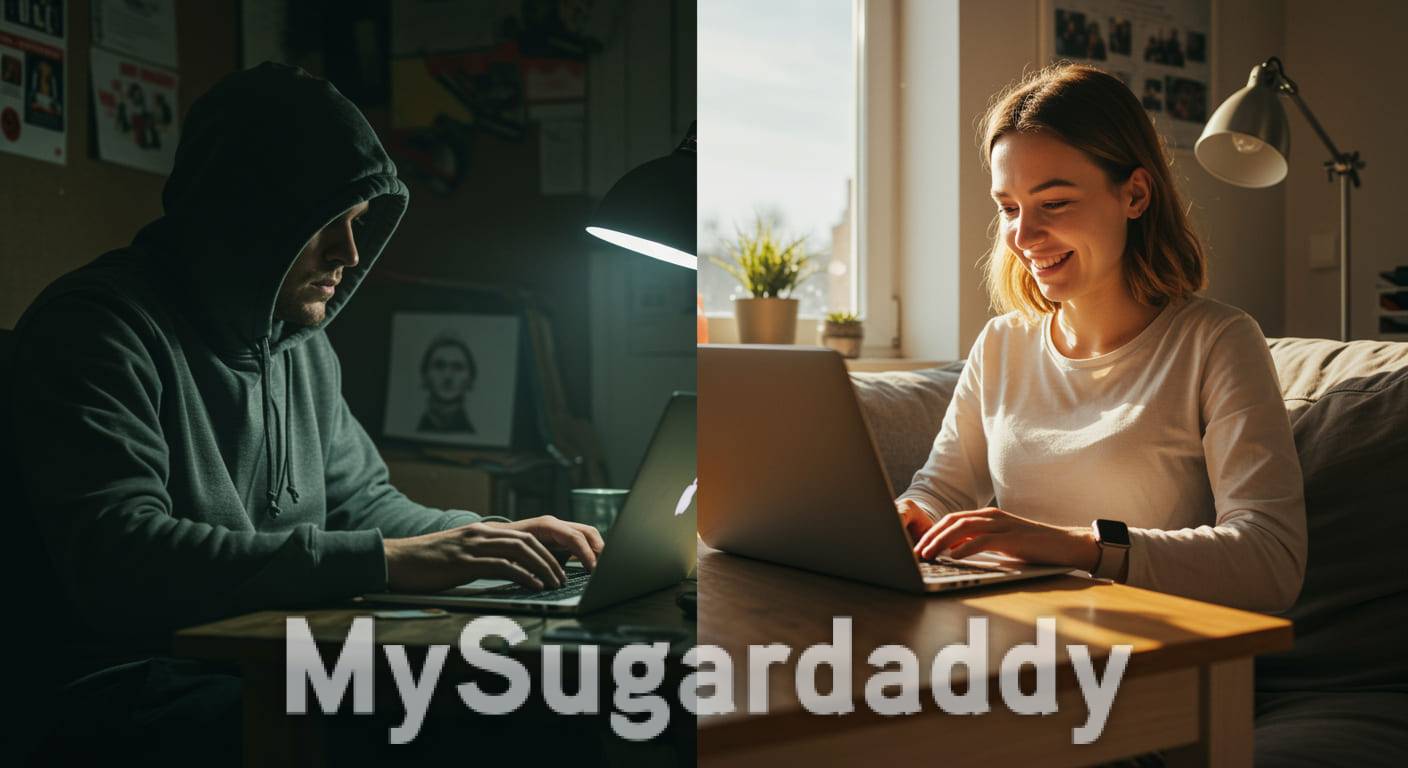 Mann im Hoodie in dunklem Zimmer und lächelnder Frau am Laptop, Catfishing und Dating-App-Betrug