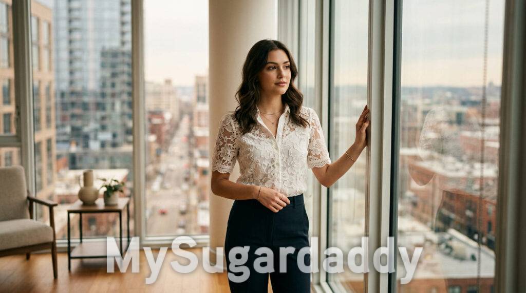 Selbstbewusste Sugar Baby steht am Fenster eines modernen Apartments