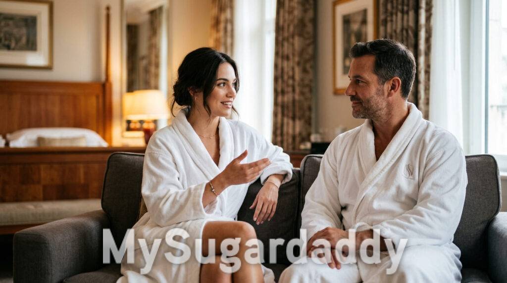 Junge Frau stellt ihrem Sugar Daddy Fragen beim entspannten Gespräch im Luxushotel