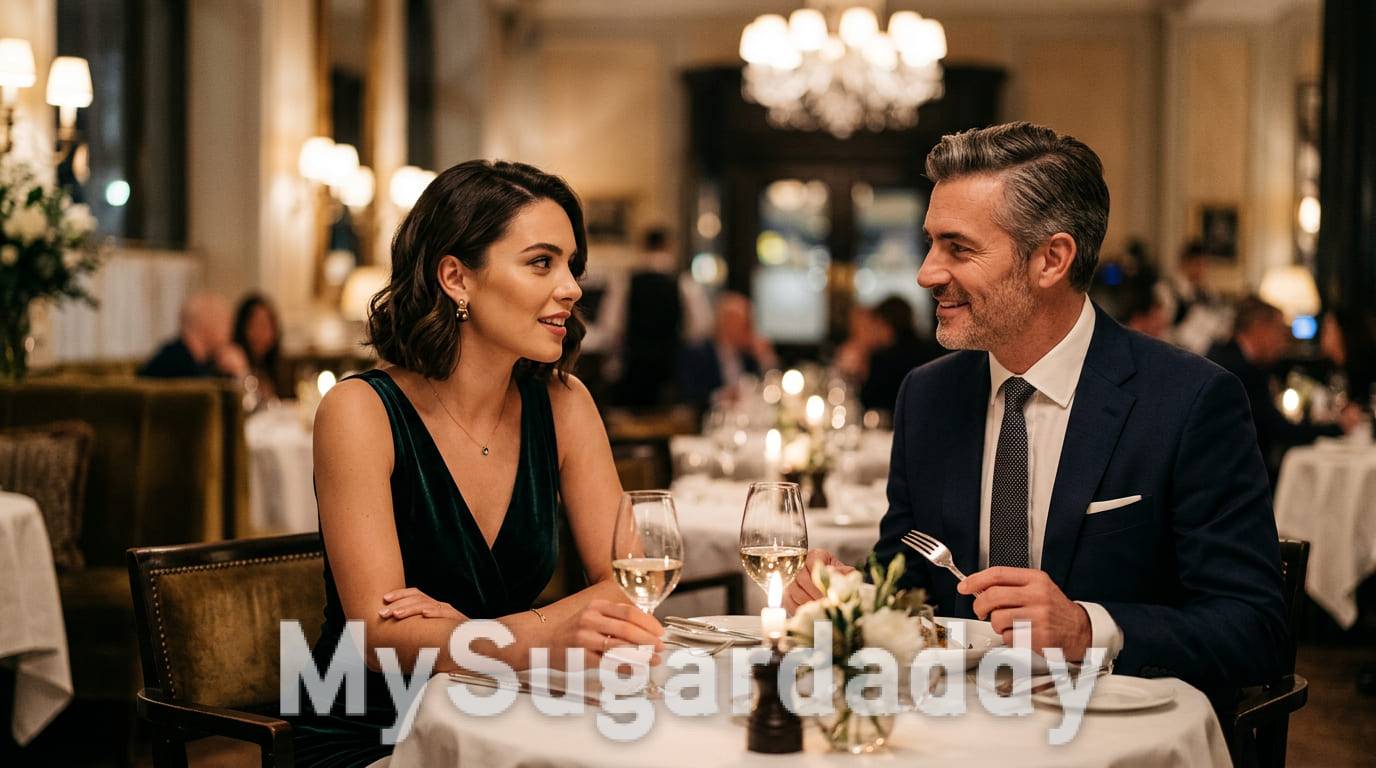 Sugar Baby und Sugar Daddy beim ersten Date im Restaurant im offenen Gespräch