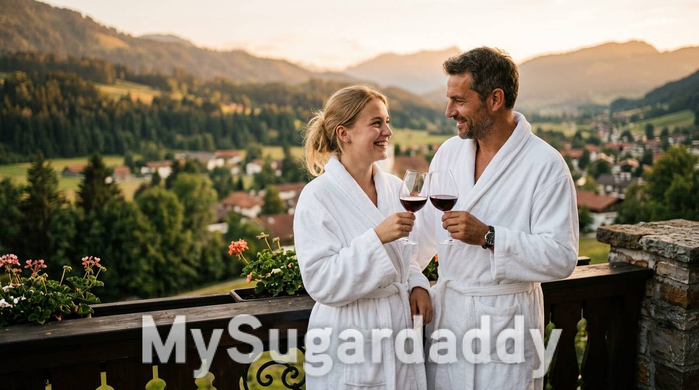 Paar im Bademantel lacht gemeinsam auf einem Balkon mit Bergblick und stößt an
