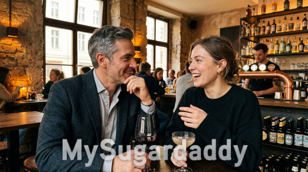 Sugar Daddy und Sugar Baby lachen zusammen in einer Bar beim ersten Kennenlernen