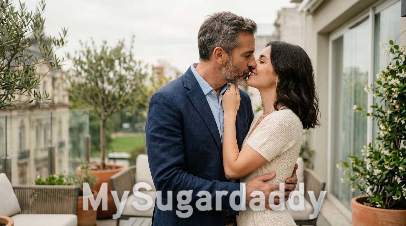 Sugar Daddy und Sugar Baby küssen sich auf einer Dachterrasse