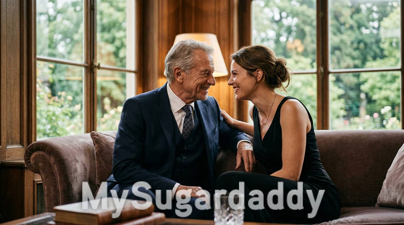 Älterer Sugar Daddy und junge Frau sitzen lachend auf einem Sofa in einem eleganten Wohnzimmer