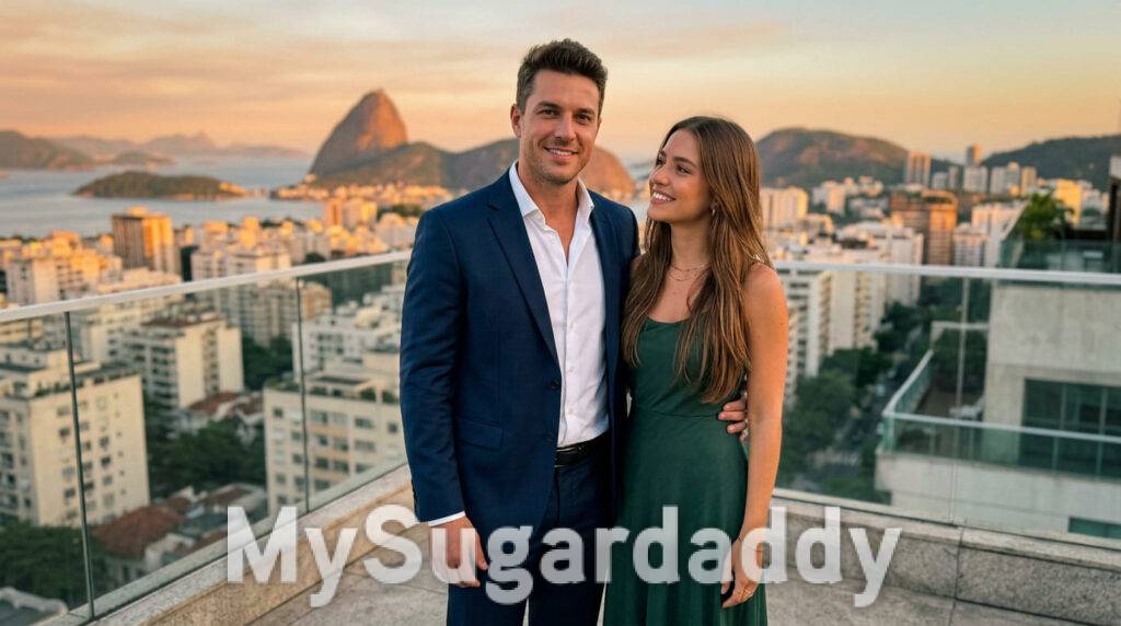 Jüngerer Sugar Daddy und Sugar Baby stehen zusammen auf einer Dachterrasse
