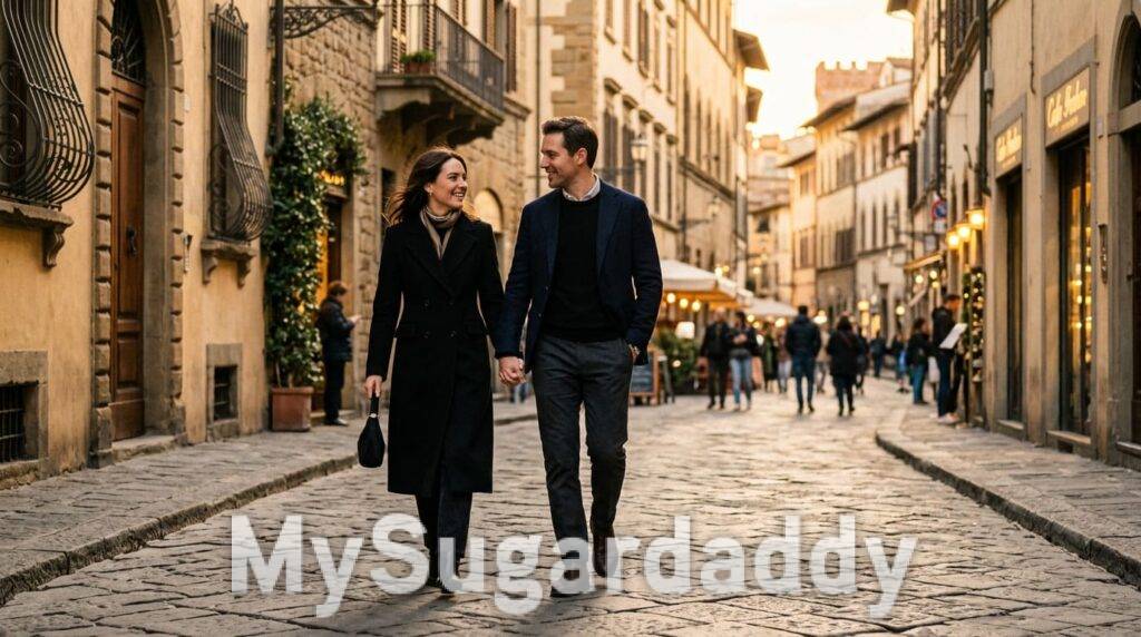 Sugar Dating Arrangement Paar spaziert Hand in Hand